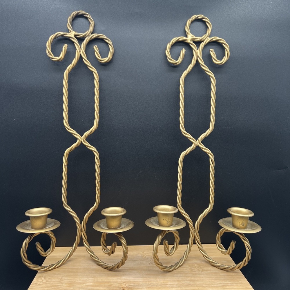 VTG 70's PR Gold Twisted Metal Rope Sconces Hollywood Regency 15" tall